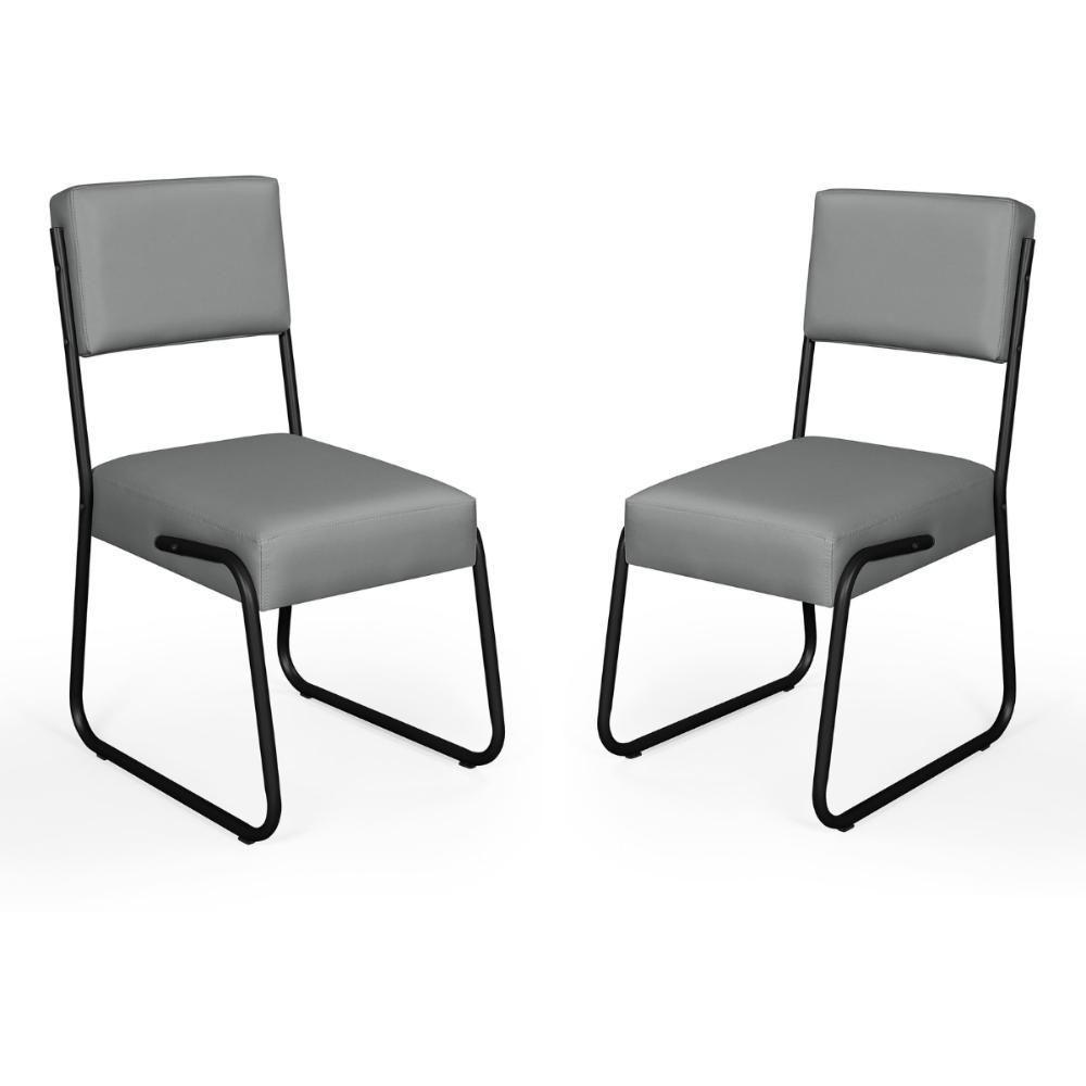 Kit 2 Cadeiras Decorativa Sala De Estar Cozinha Jantar Flórida Couro Sintético Cinza Tubo Preto - 2