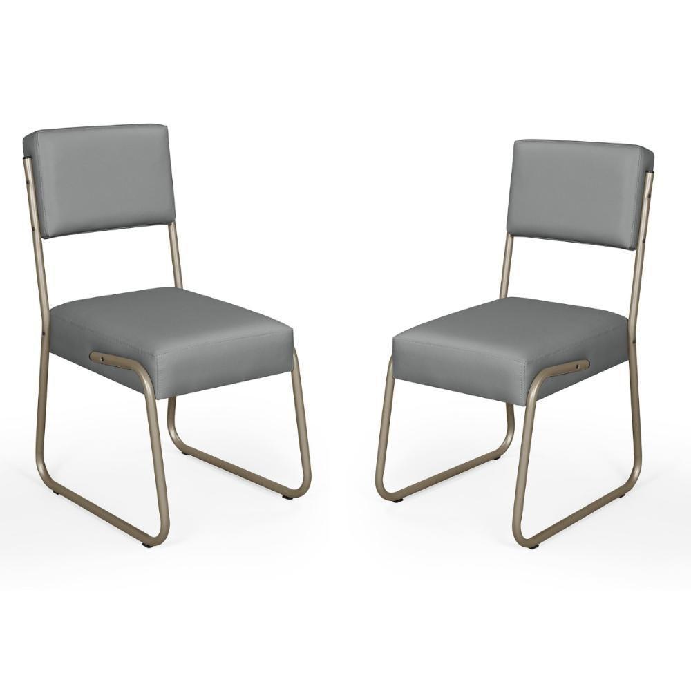 Kit 2 Cadeiras Decorativa Sala De Estar Cozinha Jantar Flórida Couro Sintético Cinza Tubo Champagne - 2