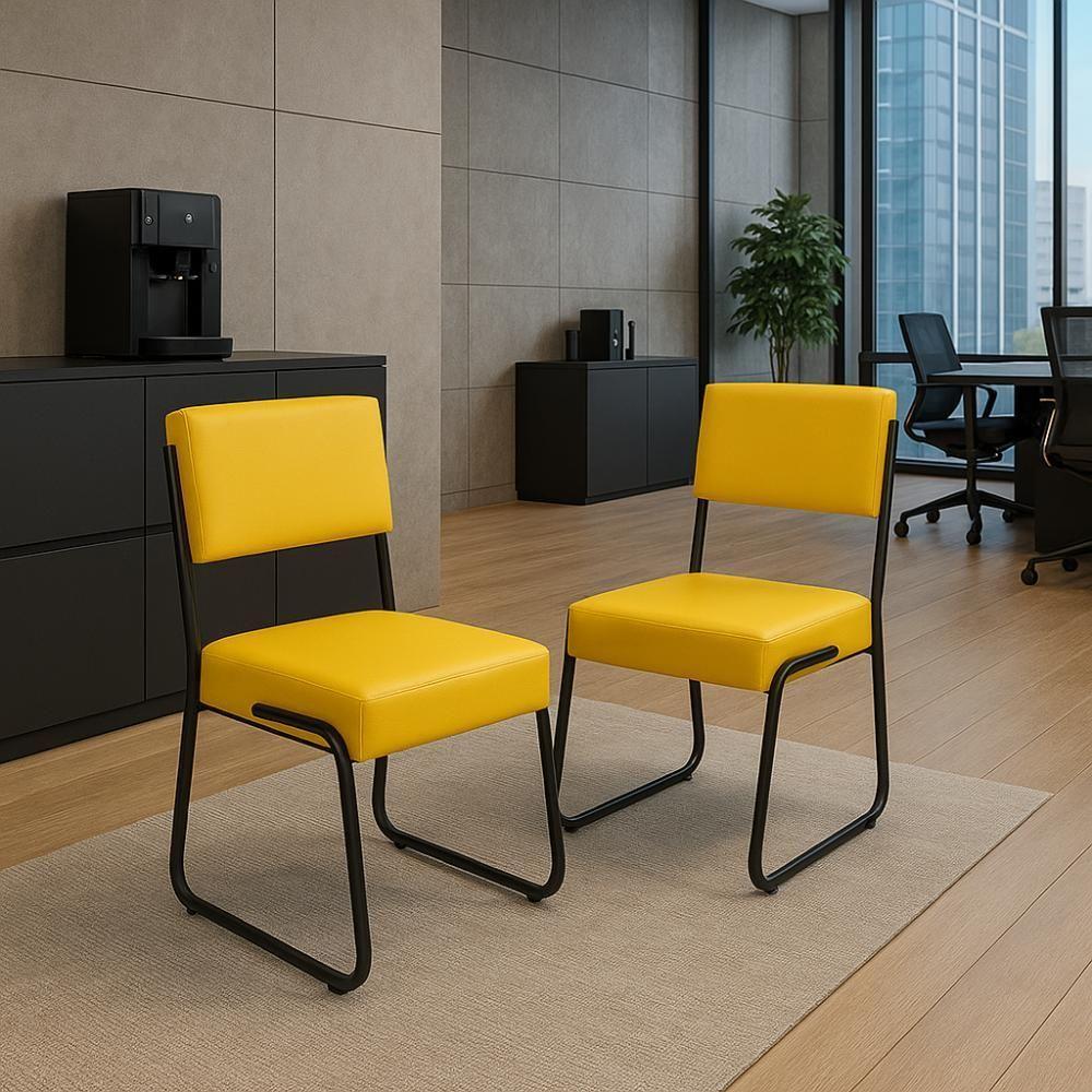 Kit 2 Cadeiras Decorativa Sala De Estar Cozinha Jantar Flórida Couro Sintético Amarelo Tubo Preto - 1