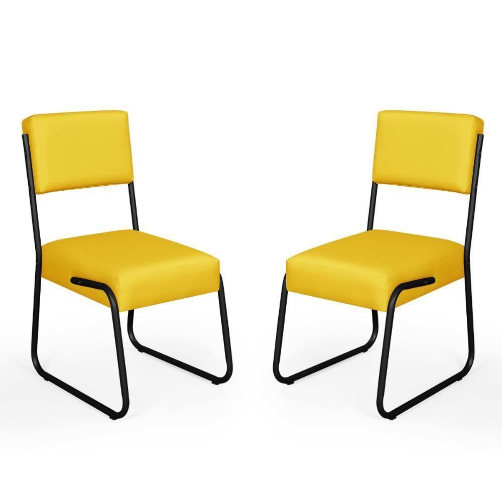 Kit 2 Cadeiras Decorativa Sala De Estar Cozinha Jantar Flórida Couro Sintético Amarelo Tubo Preto - 2