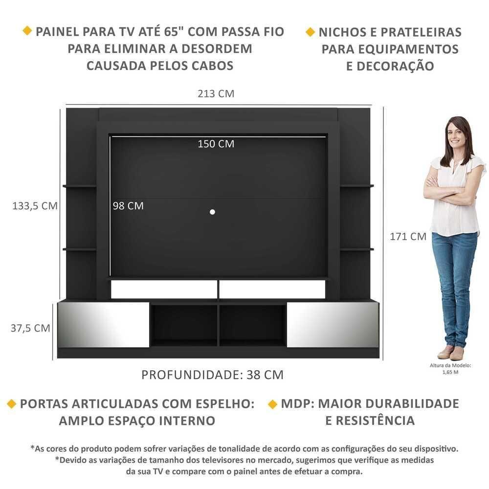 Rack com Painel Tv 65 Portas com Espelho Oslo Preto - 2