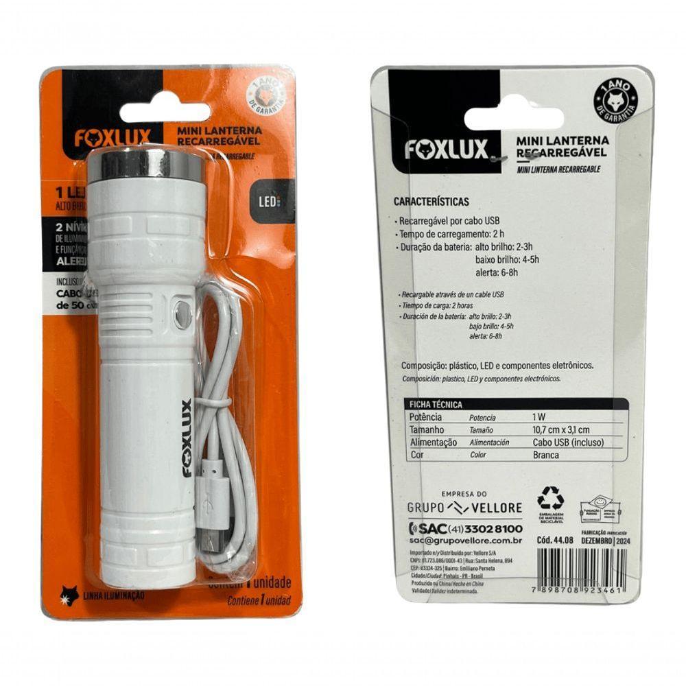 Mini Lanterna Recarregável 1 Led 2 Níveis C/ Cabo Usb Foxlux - 2
