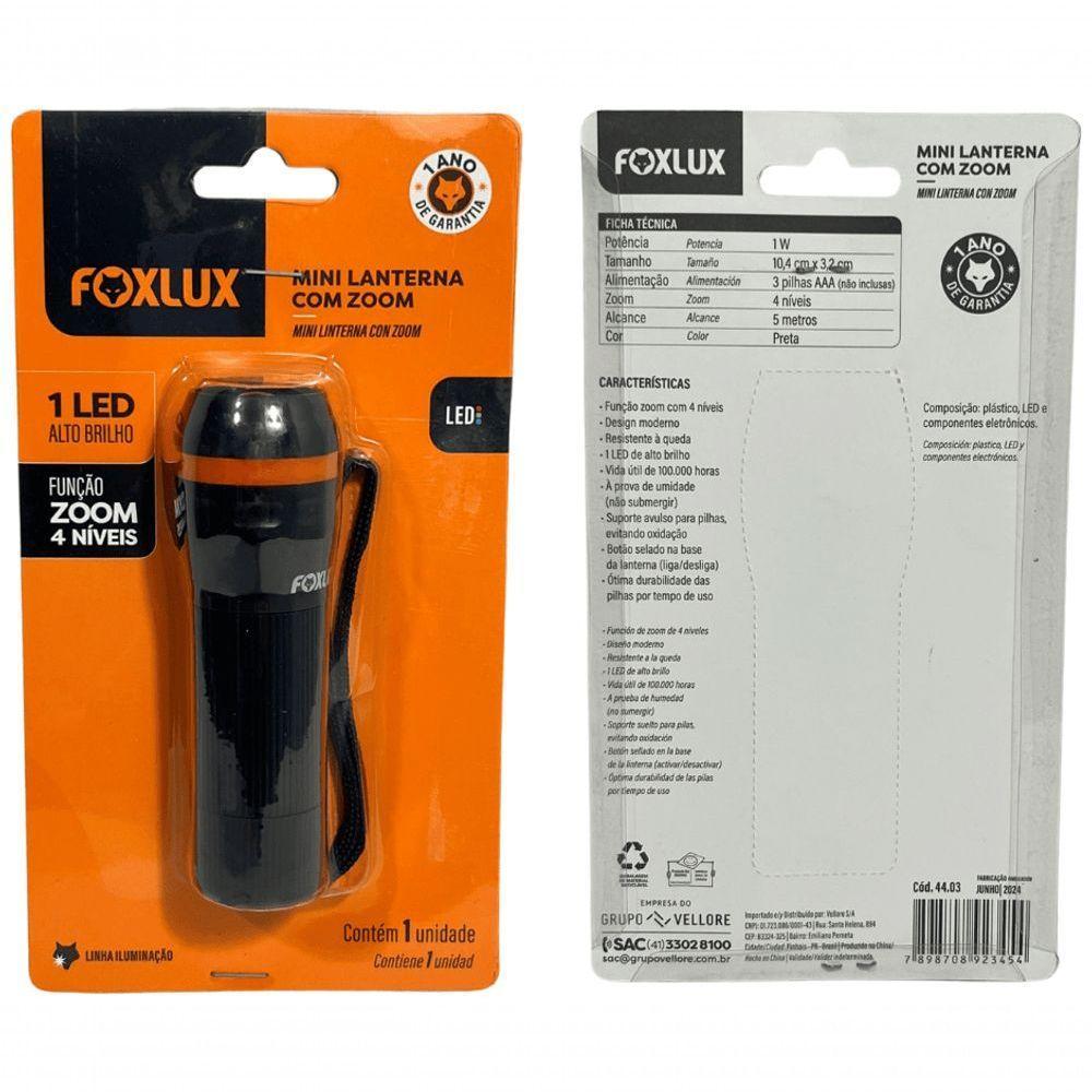Lanterna 1 Led Foxlux Preta Mini Comzoon 4 Niveis Luz Branca - 3
