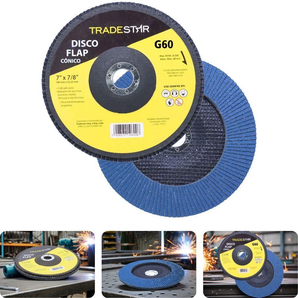 Disco Flap 180 Mm G60 Fibra Cônico Azul Aço E Inox Tradestar - 2