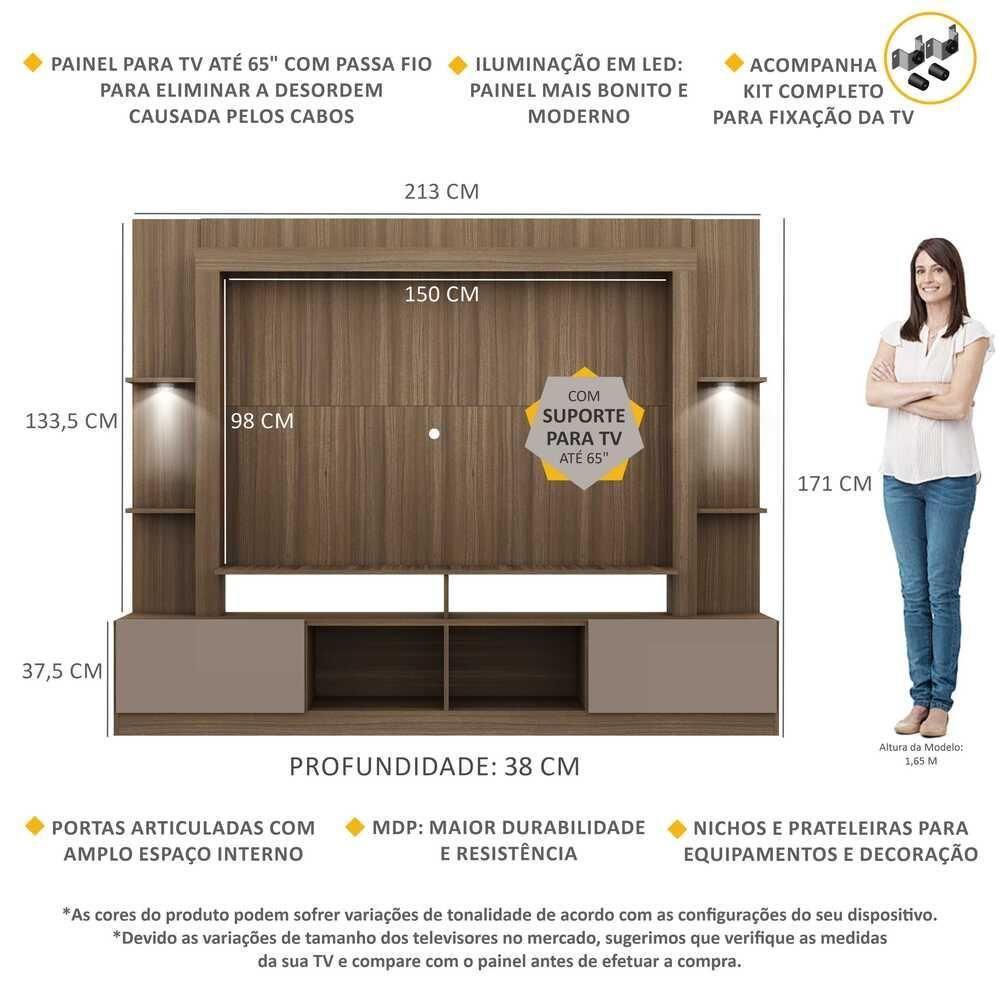 Rack Estante com Suporte Tv 65´´ Leds Madeirado/Laca Fumê - 7