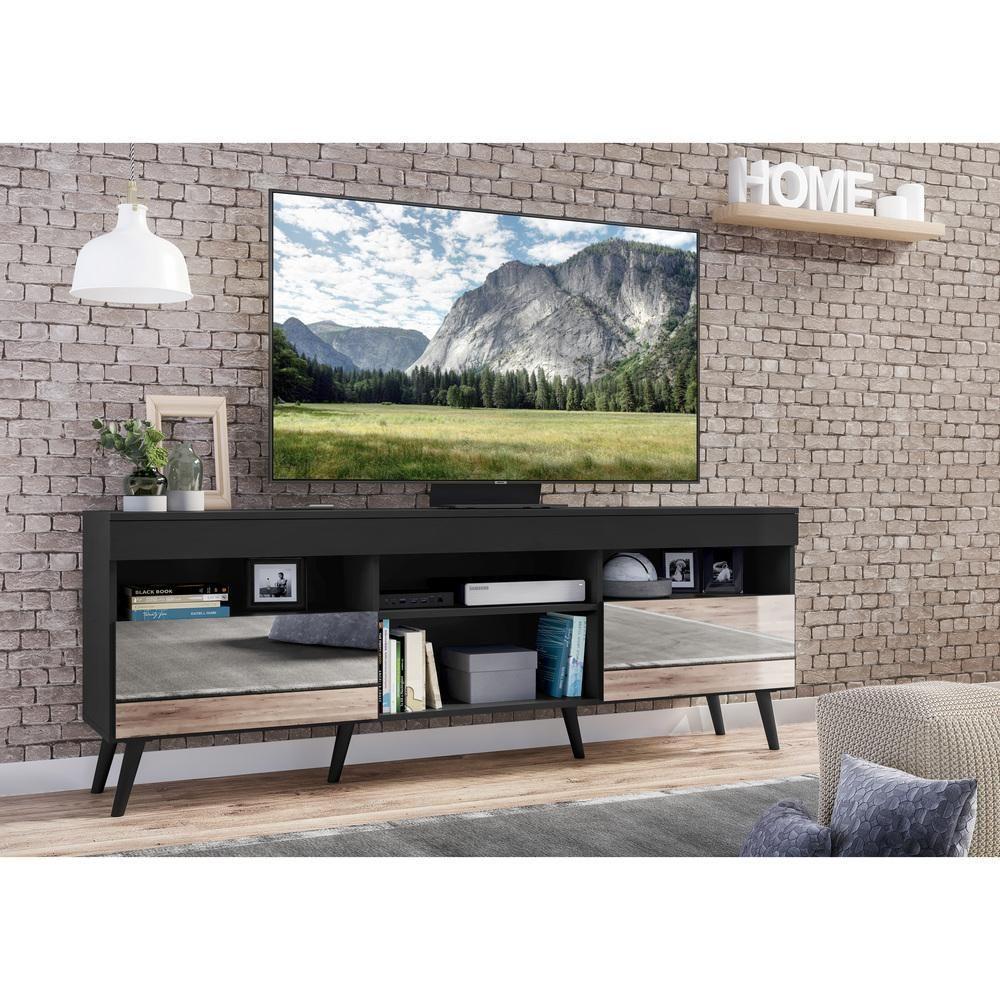 Rack Retrô Com Espelho Para Tv Até 65´´ Com 2 Portas Preto - 2