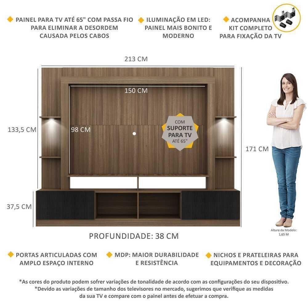 Rack Estante com Suporte Tv 65´´ Leds Madeirado/Preto - 7