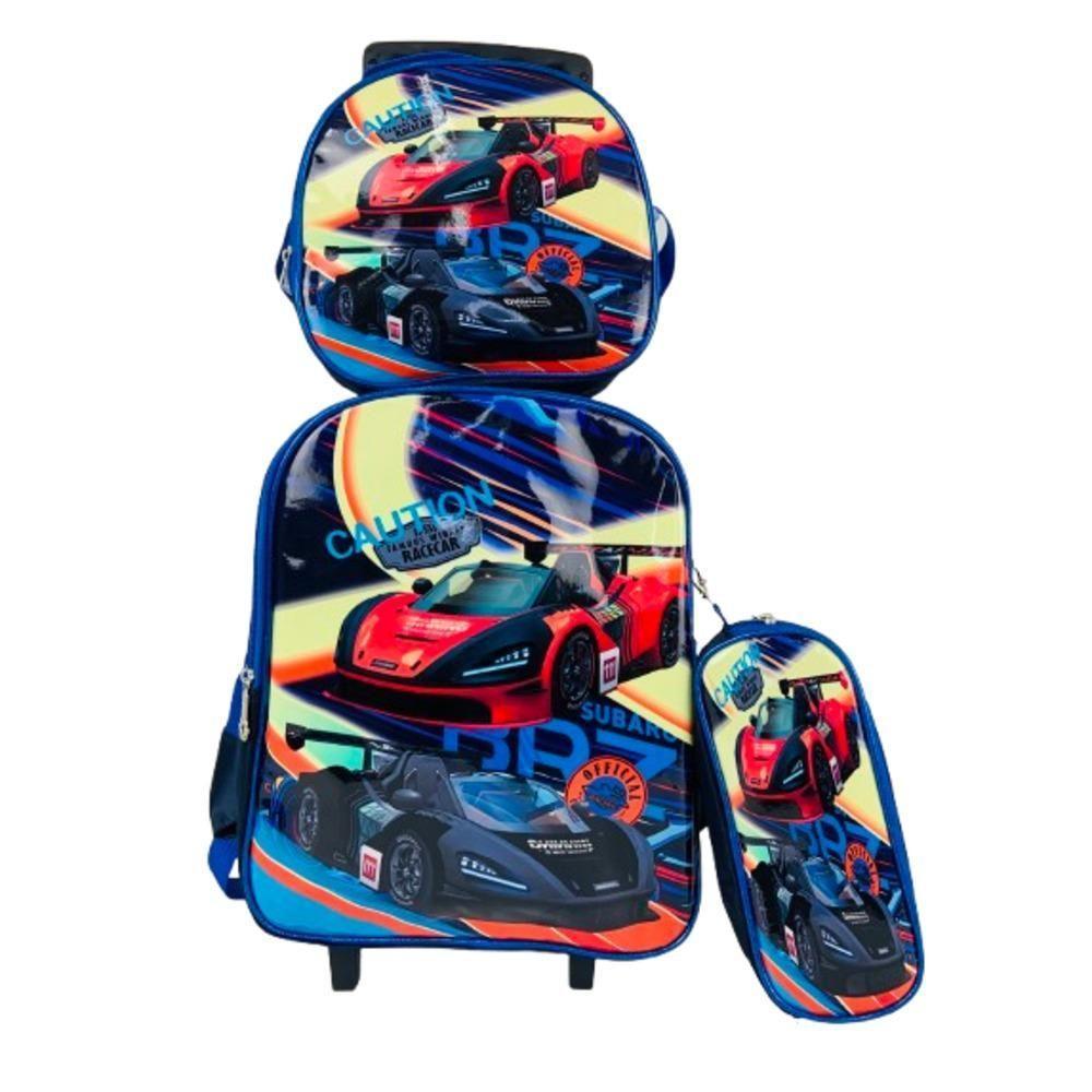 Kit Mochila Infantil Meninos Com Rodinhas Carros Escolar Estojo Lancheira Térmica Bolsa Carrinho - 1