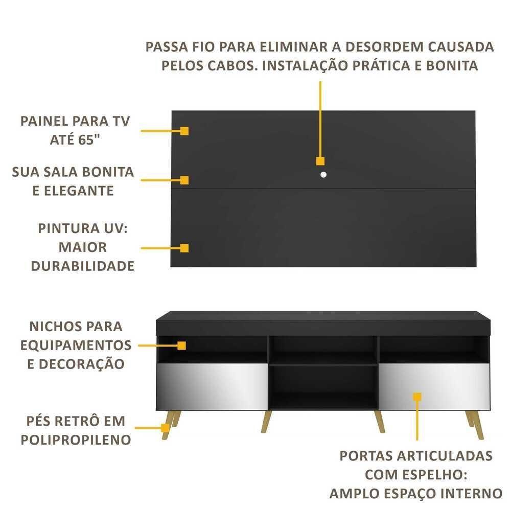 Rack Com Painel Retrô Com Espelho Para Tv Até 65´´ Flórida Fg3138 Preto/natural - 2
