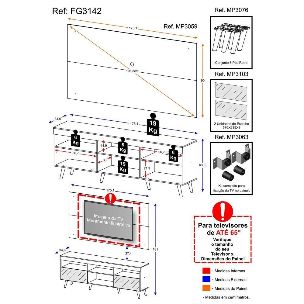 Rack Retrô Com Espelho E Painel Com Suporte Para Tv Até 65´´ Flórida Fg3142 Branco/preto - 9