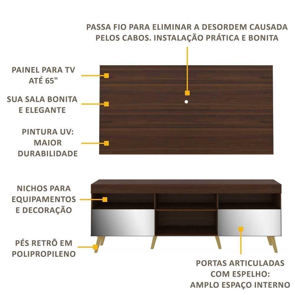 Rack Com Painel Retrô Com Espelho Para Tv Até 65´´ Flórida Fg3138 Madeirado/natural - 3