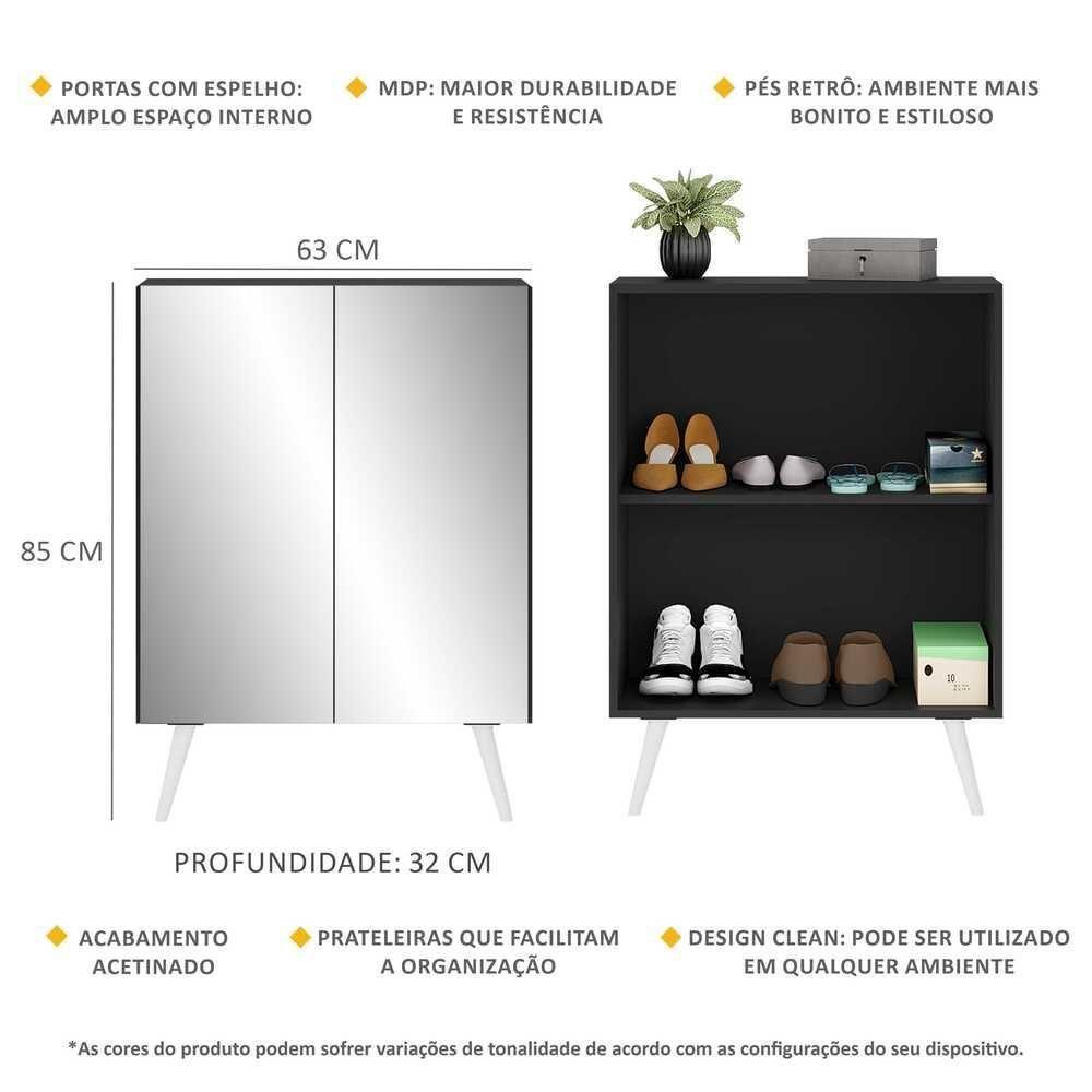 Sapateira 2 Portas Retrô Com Espelho Nina Multimóveis V6012 Preta/Branca Preto/Branco - 5