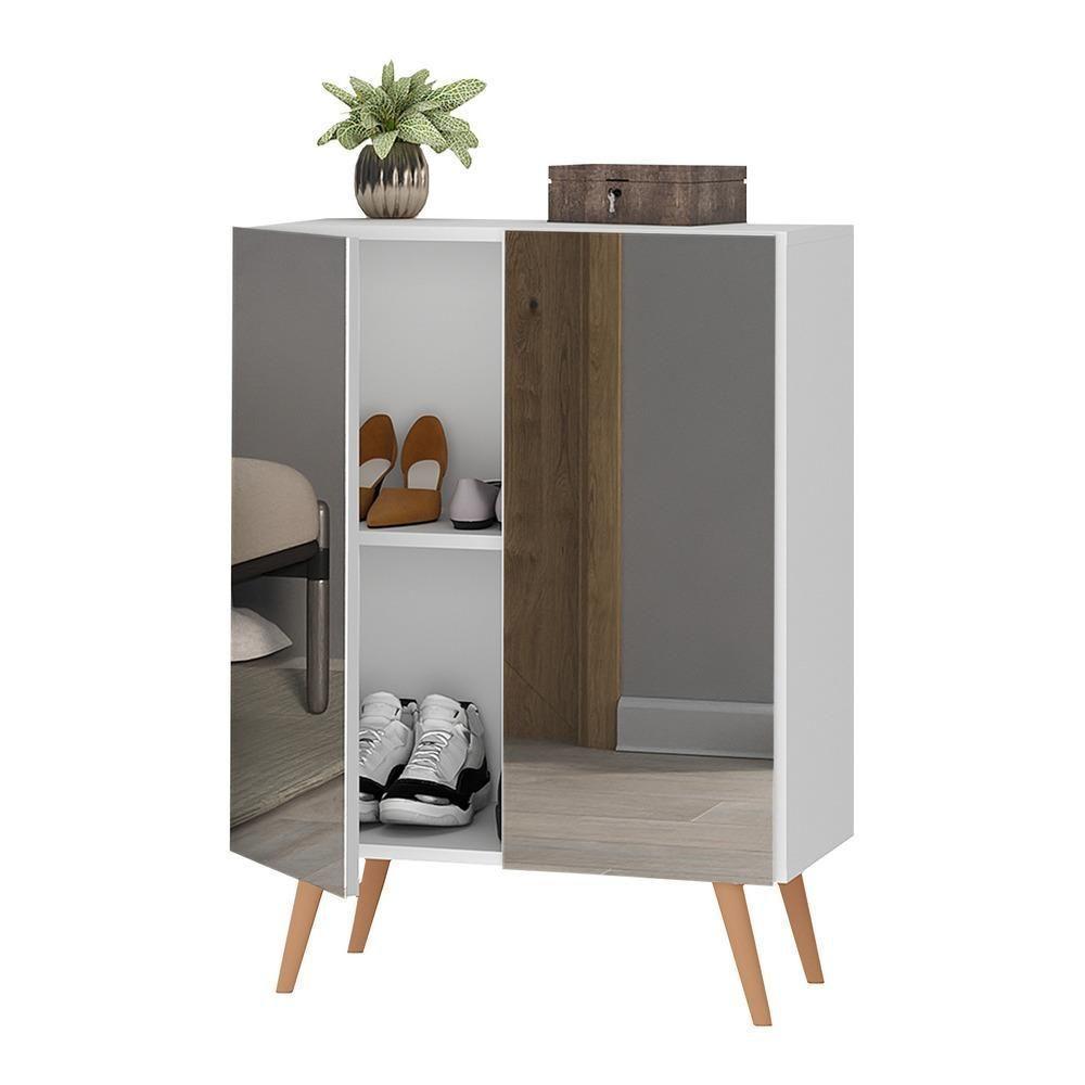 Sapateira 2 Portas Retrô Com Espelho Nina Multimóveis V6012 Branca/Natural Branco/Natural - 1