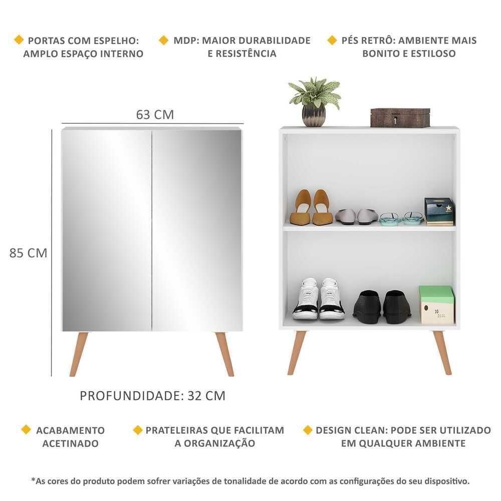 Sapateira 2 Portas Retrô Com Espelho Nina Multimóveis V6012 Branca/Natural Branco/Natural - 5