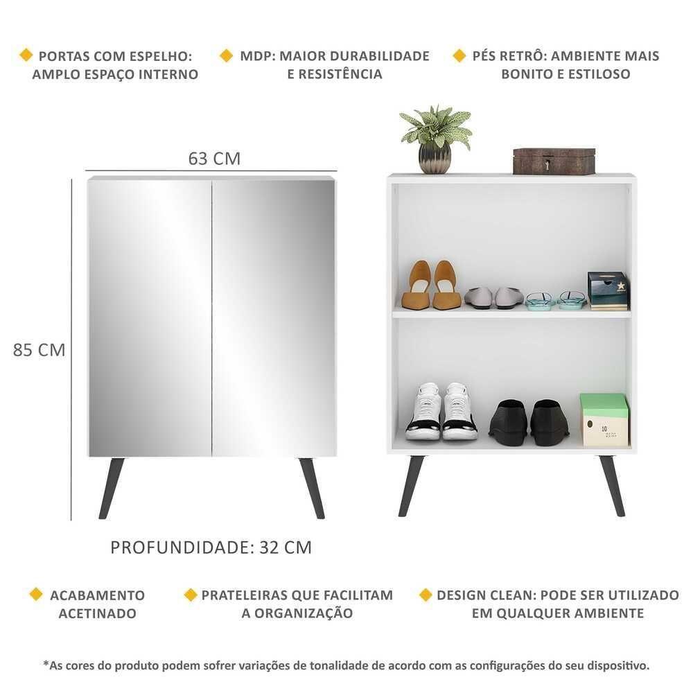 Sapateira 2 Portas Retrô Com Espelho Nina Multimóveis V6012 Branca/Preta Branco/Preto - 5