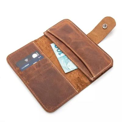 Carteira Masculina Compacta Em Couro Com Botão De Pressão Crazy Horse Caramelo