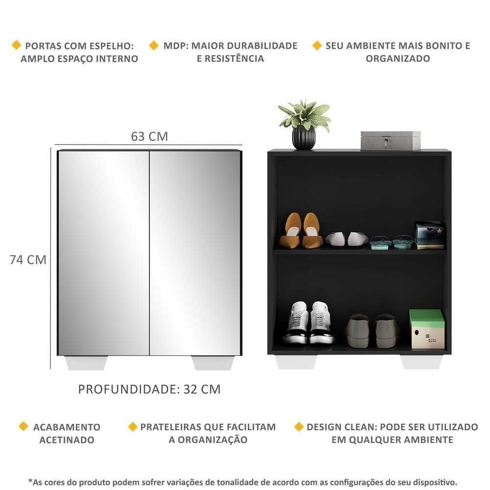 Sapateira 2 Portas Com Espelho Nina Multimóveis V6013 Preta/Branca Preto/Branco - 5