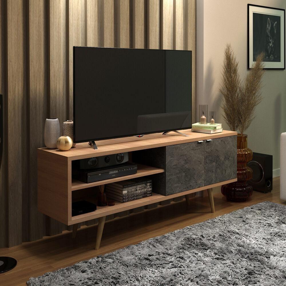 Rack Tv 55" Retrô Com 2 Portas Multimóveis Cr45204 Amêndoa/mármore Lunar Amêndoa/mármore Lunar - 2