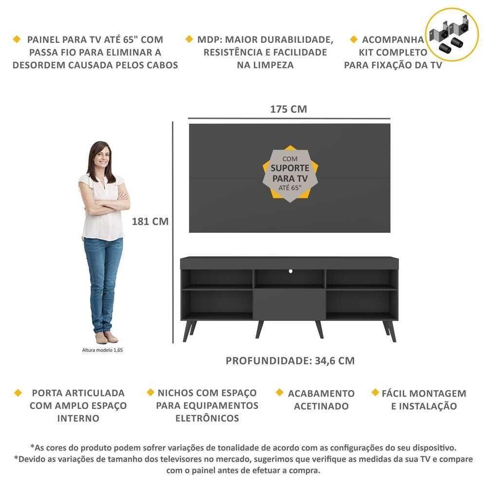 Rack Com Painel E Suporte Tv 65" Retrô Flórida Up Multimóveis Mp1043 Preto - 5