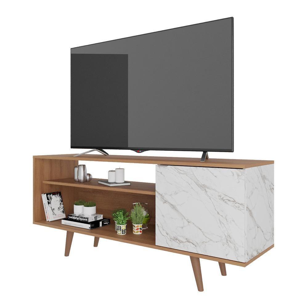 Rack Tv 42" Retrô Com 1 Porta Multimóveis Cr45205 Amêndoa/mármore Branco Amêndoa/mármore Branco - 1