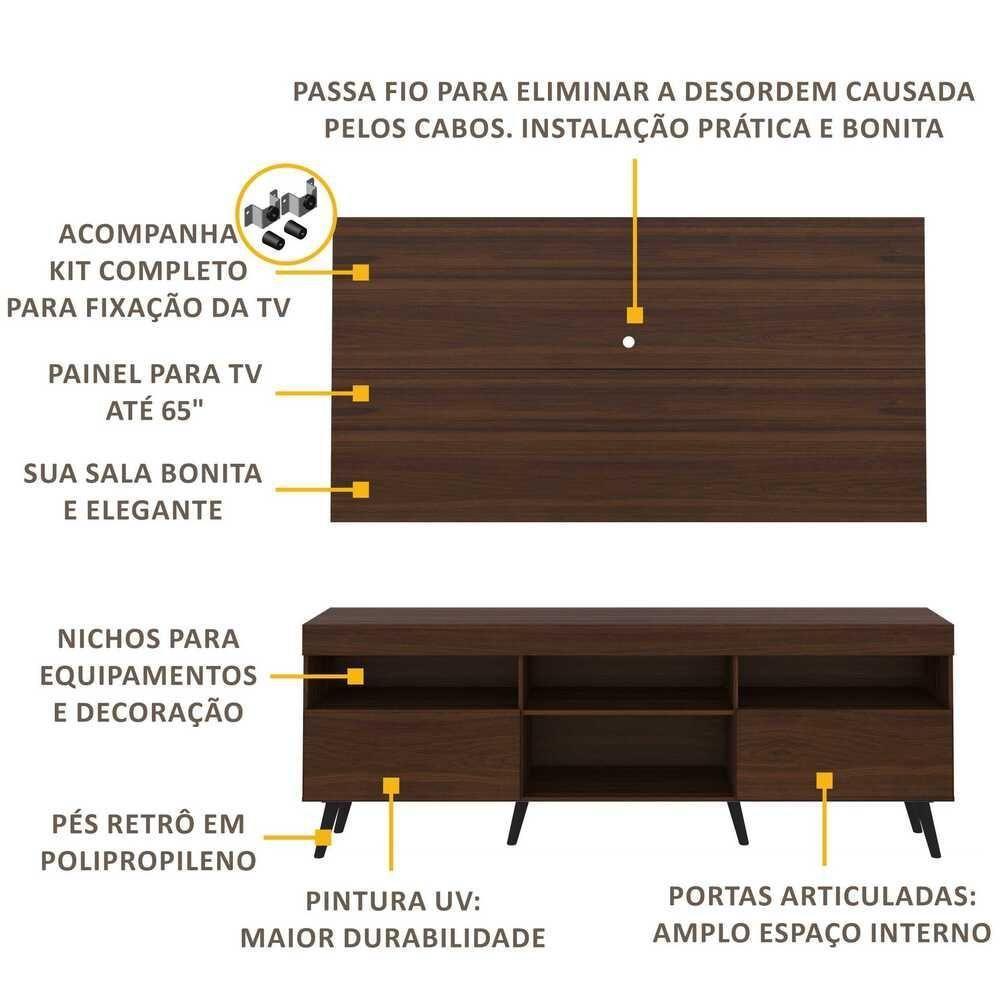 Rack Retrô Com Painel E Suporte Para Tv Até 65´´ Flórida Fg3134 Madeirado/preto - 6