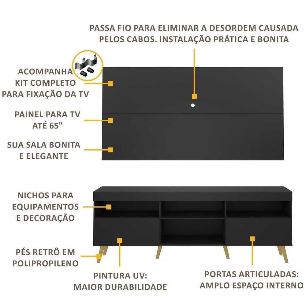 Rack Retrô Com Painel E Suporte Para Tv Até 65´´ Flórida Fg3134 Preto/natural - 2