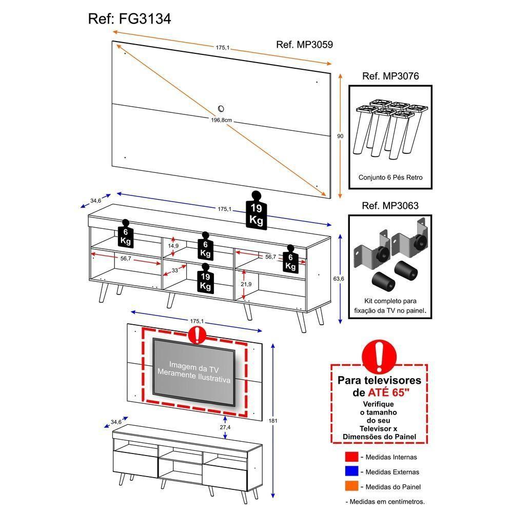 Rack Retrô Com Painel E Suporte Para Tv Até 65´´ Flórida Fg3134 Preto/natural - 7