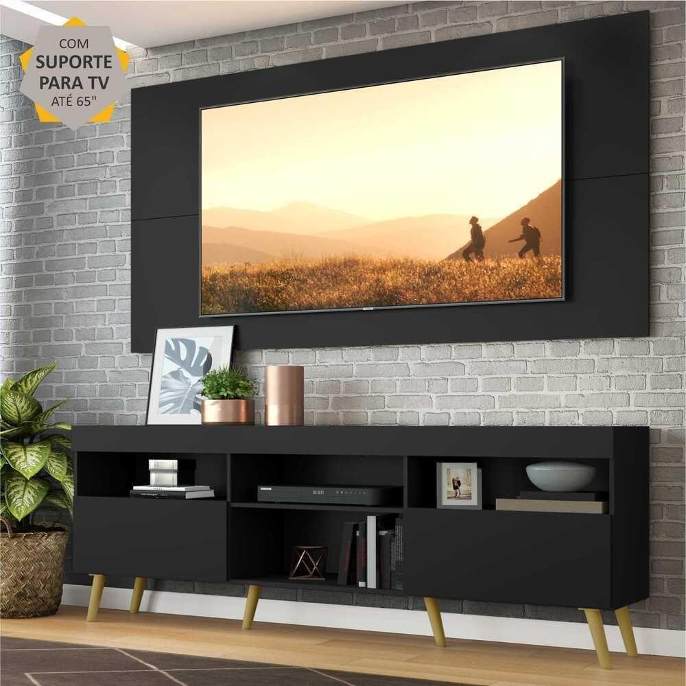 Rack Retrô Com Painel E Suporte Para Tv Até 65´´ Flórida Fg3134 Preto/natural - 9
