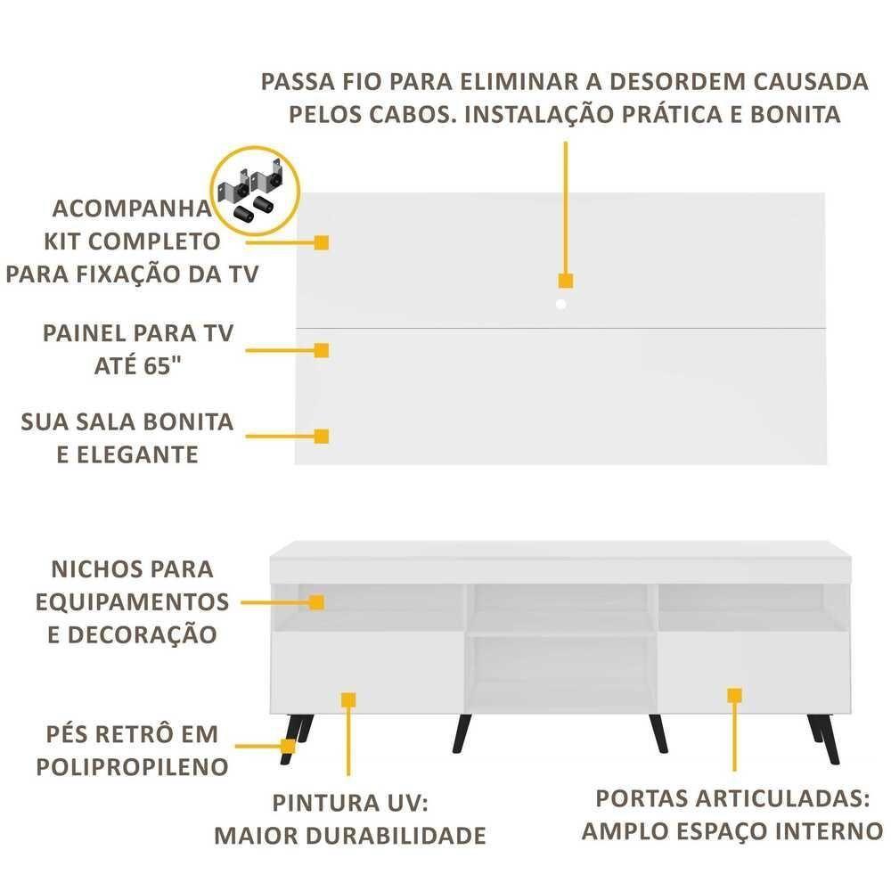 Rack Retrô Com Painel E Suporte Para Tv Até 65´´ Flórida Fg3134 Branco/preto - 9