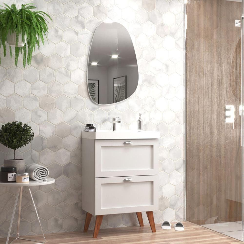 Gabinete Para Banheiro Com Cuba E Espelho Organico 60cm Retro Mdf Branco Milano - On Móveis - 1