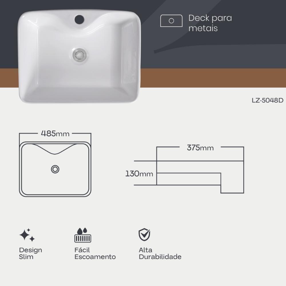 Cuba Pia Semi Encaixe Retangular Para Banheiro/lavabo 48x37cm Lume Zagonel Louças - Com Deck - Branco - 5