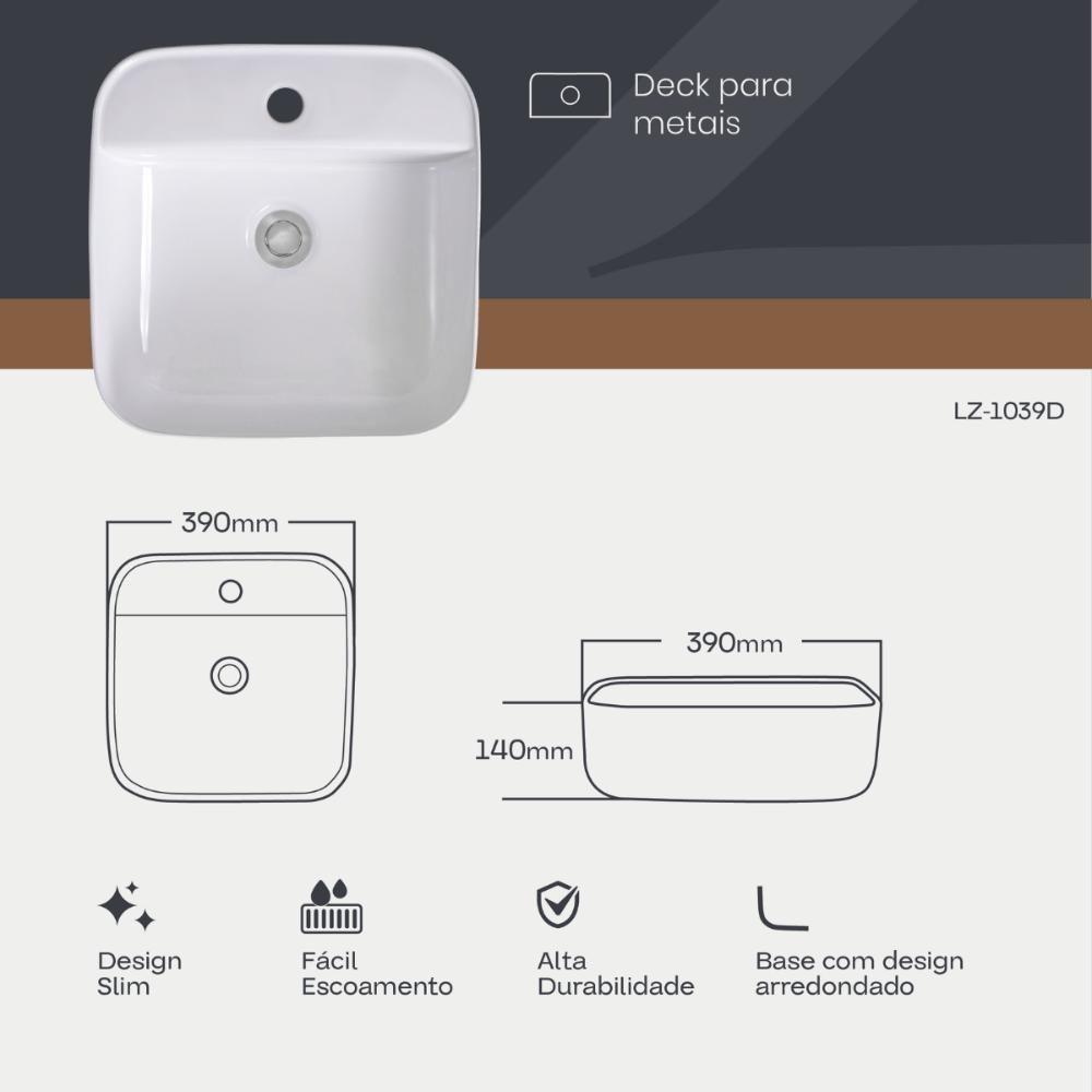 Cuba Pia De Apoio Quadrada Para Banheiro/lavabo 39x39cm Mônaco Zagonel Louças - Com Deck - Branco - 3