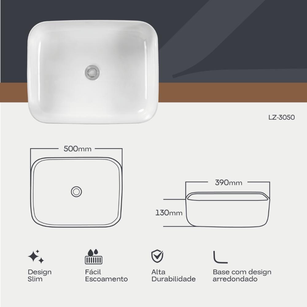 Cuba Pia De Apoio Retangular Para Banheiro/lavabo 50x39cm Cannes Zagonel Louças - Sem Deck - Branco - 3