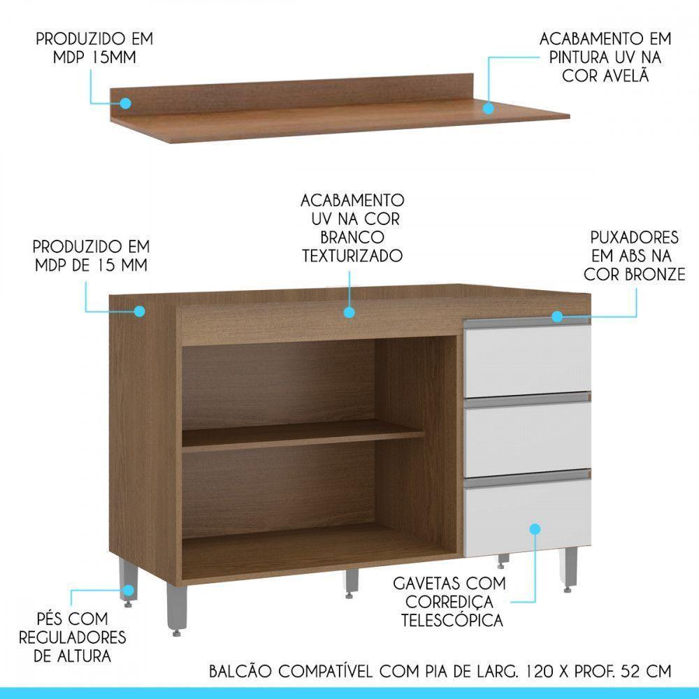 Armário Balcão Com Tampo Cozinha 120 X 52 Cm Mdp Menu Móveis Branco - 2