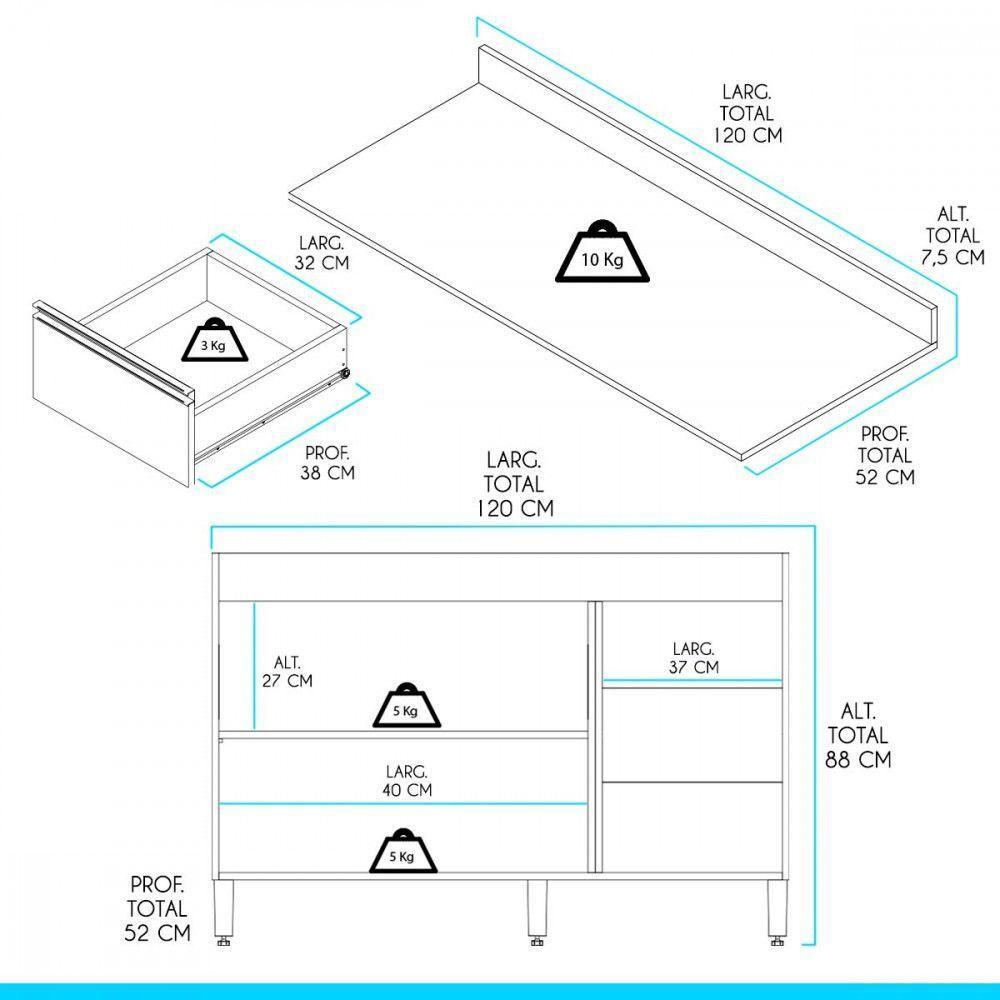 Armário Balcão Com Tampo Cozinha 120 X 52 Cm Mdp Menu Móveis Branco - 3