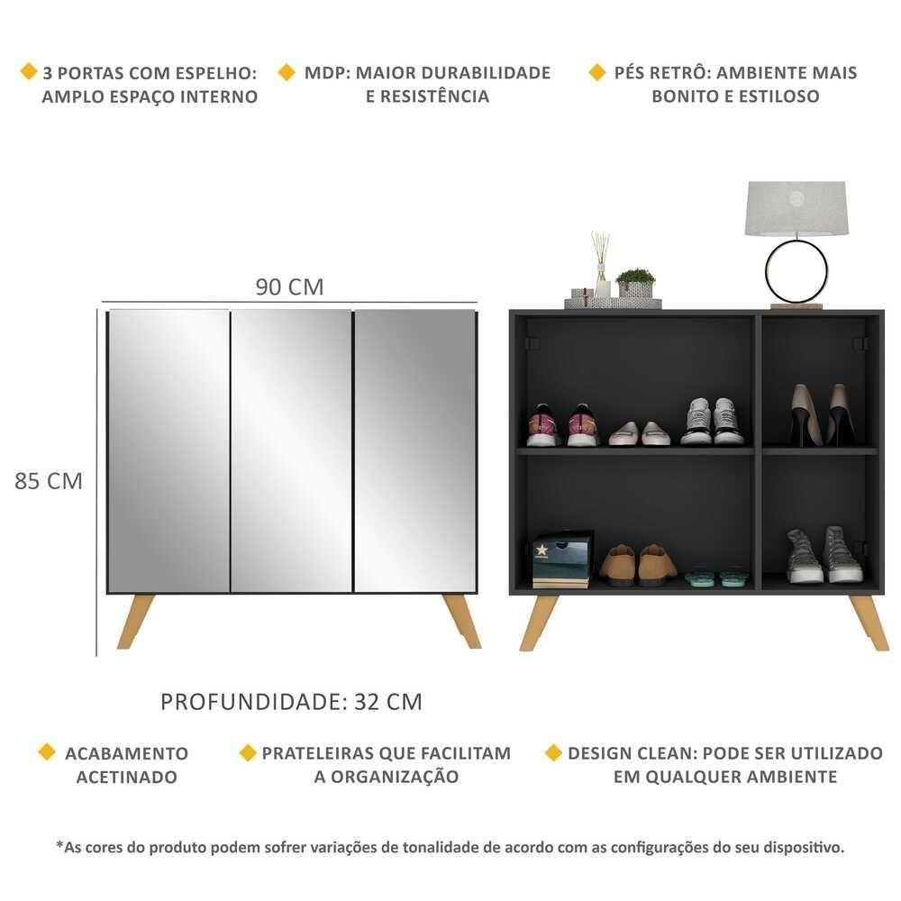 Sapateira Retrô Com Espelho 3 Portas Nina Multimóveis V6022 Preta/Natural Preto/Natural - 5