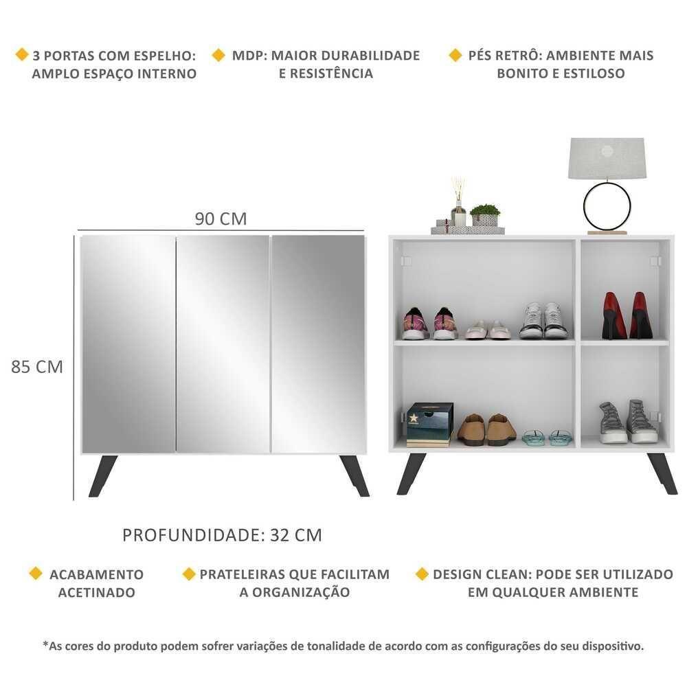 Sapateira Retrô Com Espelho 3 Portas Nina Multimóveis V6022 Branca/Preta Branco/Preto - 5