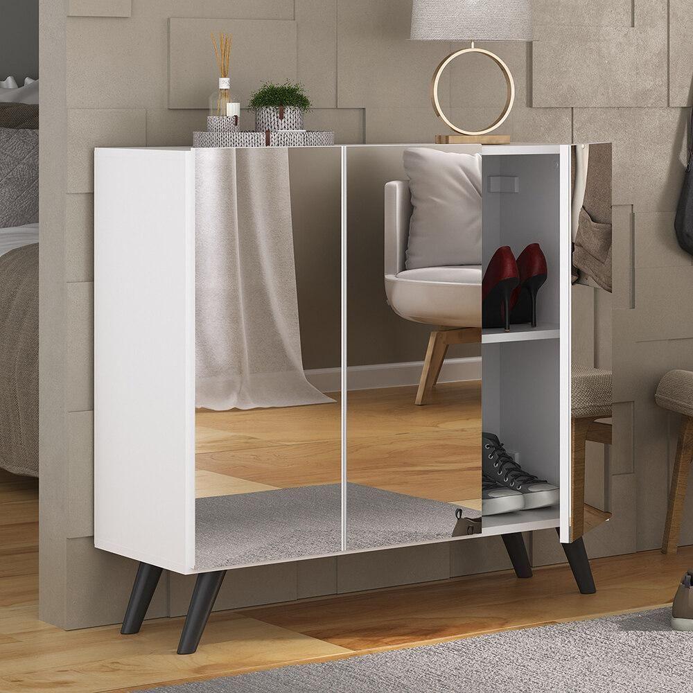 Sapateira Retrô Com Espelho 3 Portas Nina Multimóveis V6022 Branca/Preta Branco/Preto - 6