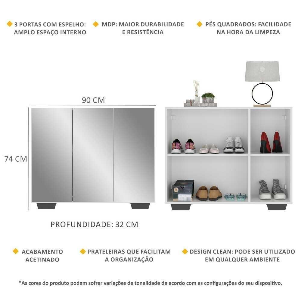 Sapateira Com Espelho 3 Portas Nina Mp6023 Branca Preta - 5
