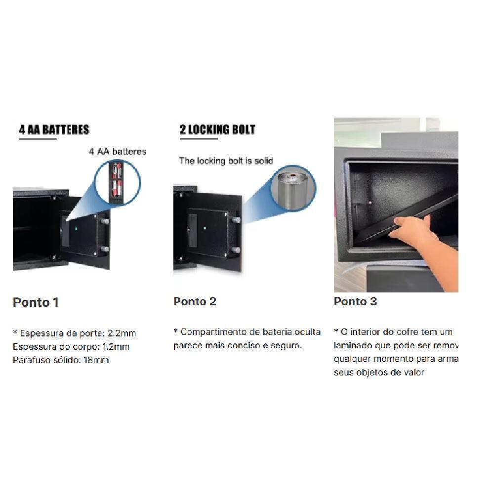 Cofre Eletronico Digital Grande Senha Chave Porta Documentos Armas Display Lcd Bandeja Chumbadores Com Suporte De Parede - 5