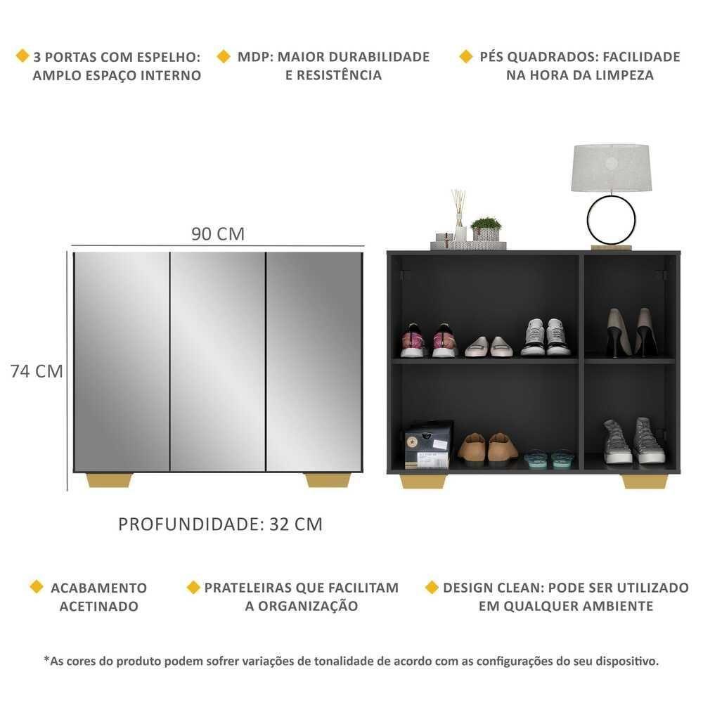 Sapateira Com Espelho 3 Portas Nina Mp6023 Preta Natural - 5