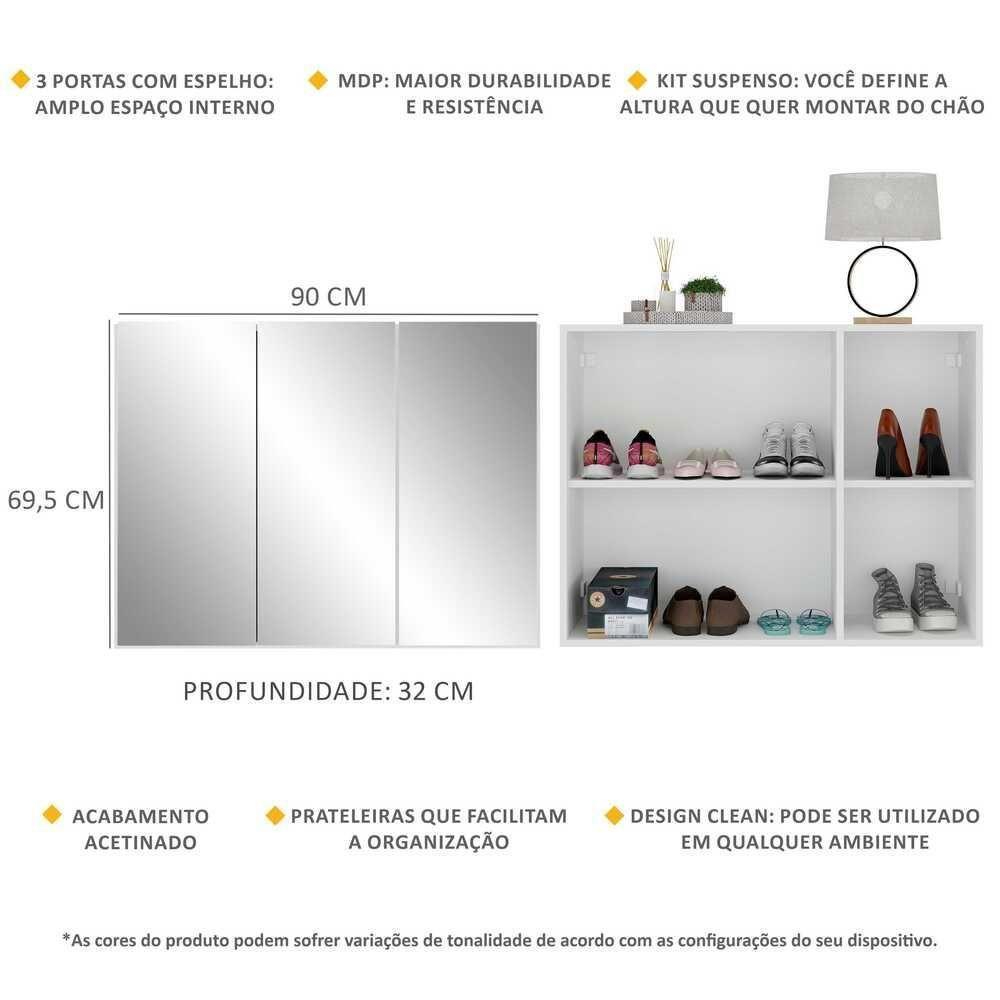 Sapateira 3 Portas Com Espelho Suspensa Nina Mp6021 Branca - 5