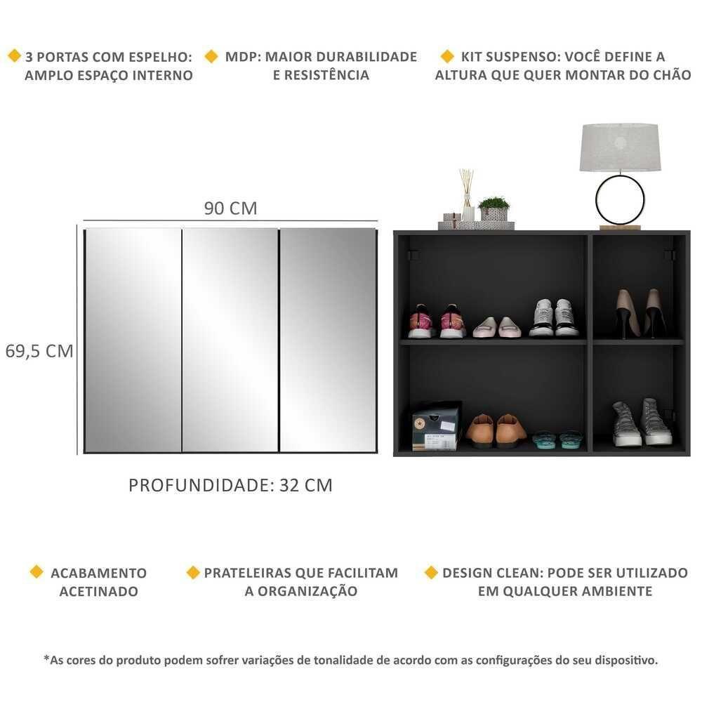 Sapateira 3 Portas Com Espelho Suspensa Nina Mp6021 Preta - 6