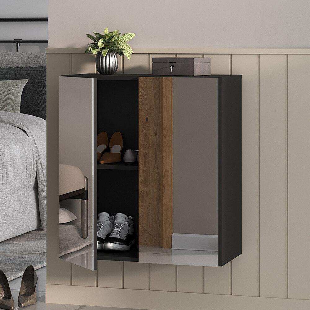 Sapateira 2 Portas Suspensa Com Espelho Nina Multimóveis V6011 Preta Preto - 6