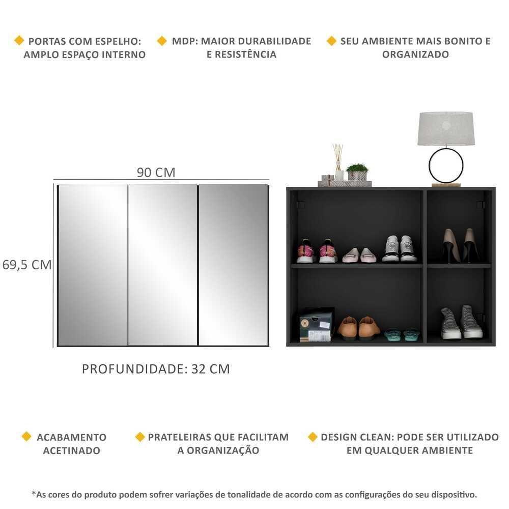 Sapateira 3 Portas Com Espelho Nina Multimóveis V6020 Preta Preto - 5