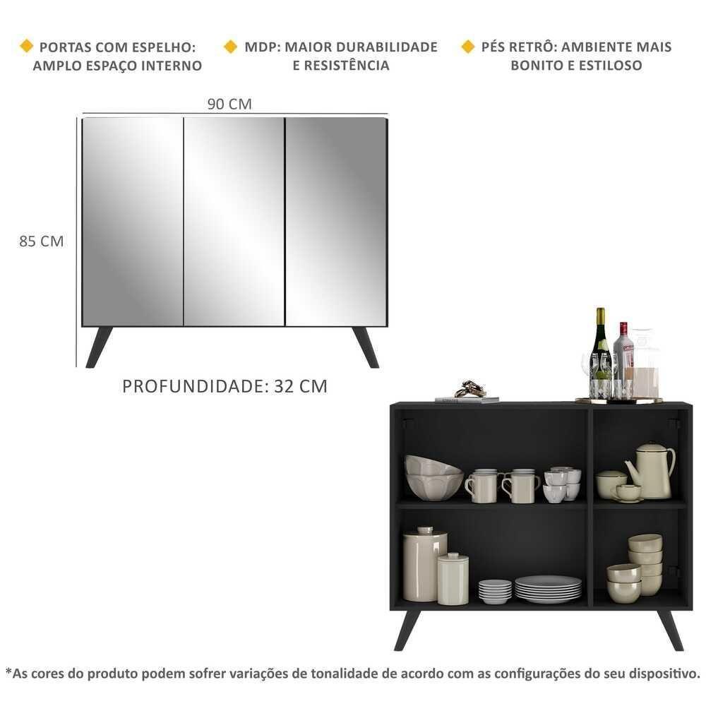 Aparador 3 Portas Com Espelho Retrô Mp1013 Preto - 3