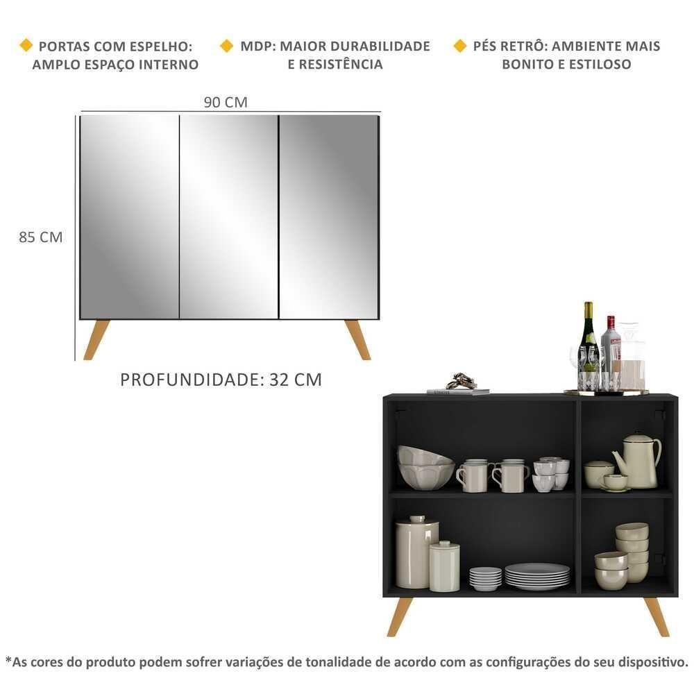 Aparador 3 Portas Com Espelho Retrô Mp1013 Preto/Natural - 3
