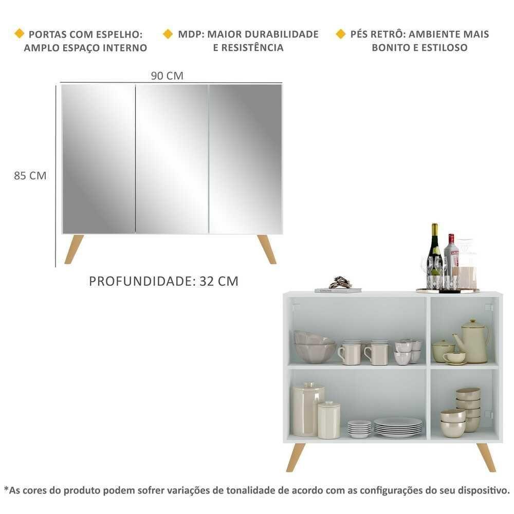 Aparador 3 Portas Com Espelho Retrô Mp1013 Branco/Natural - 3