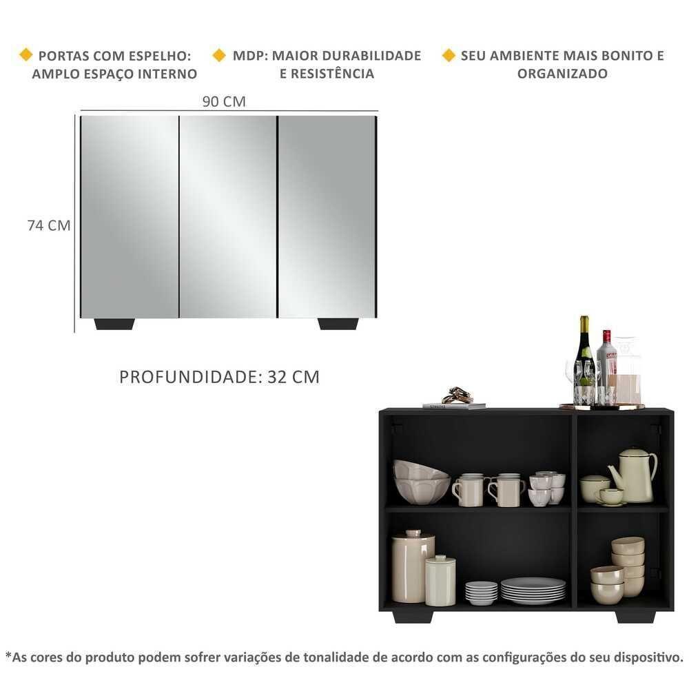Aparador 3 Portas Com Espelho Mp1014 Preto - 3
