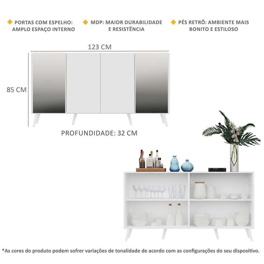 Aparador Buffet 4 Portas Com Espelho Retrô Vegas Multimóveis V3562 Branco Branco - 6